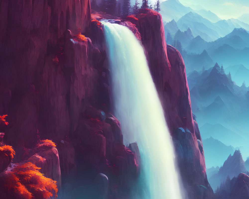 Majestic waterfall on red cliff with autumn foliage and misty mountains