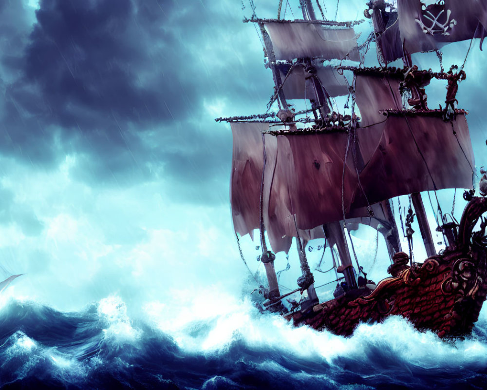 Digital artwork: Pirate ships battle in stormy seas