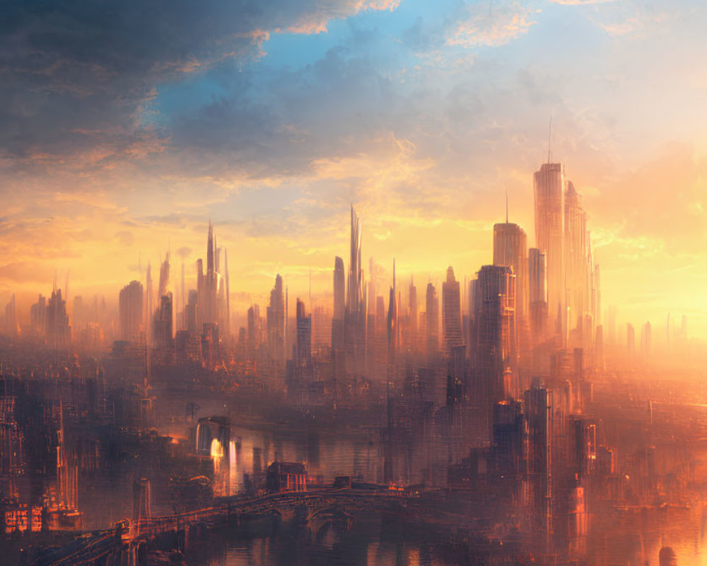 Futuristic cityscape at sunset with skyscrapers and waterways