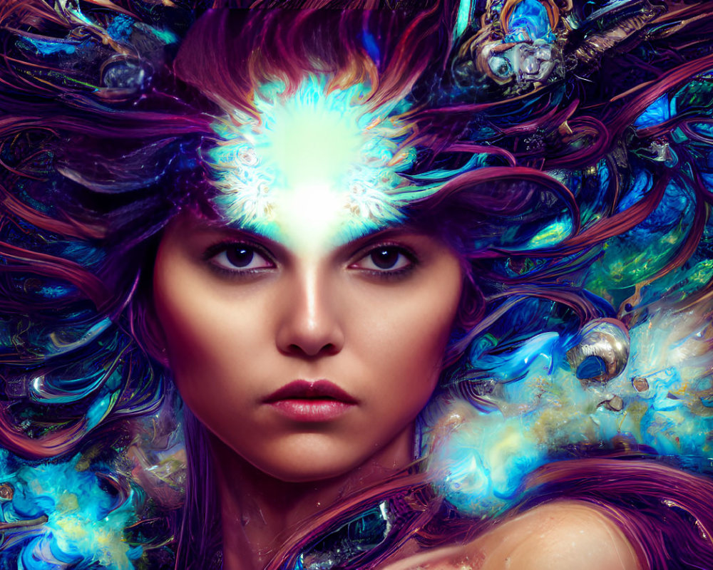 Colorful surreal portrait of a woman with cosmic hair swirls.