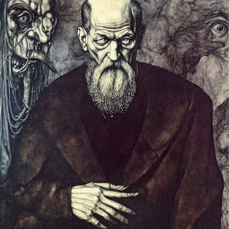 Portrait of a bearded man with haunting faces and figures in the background