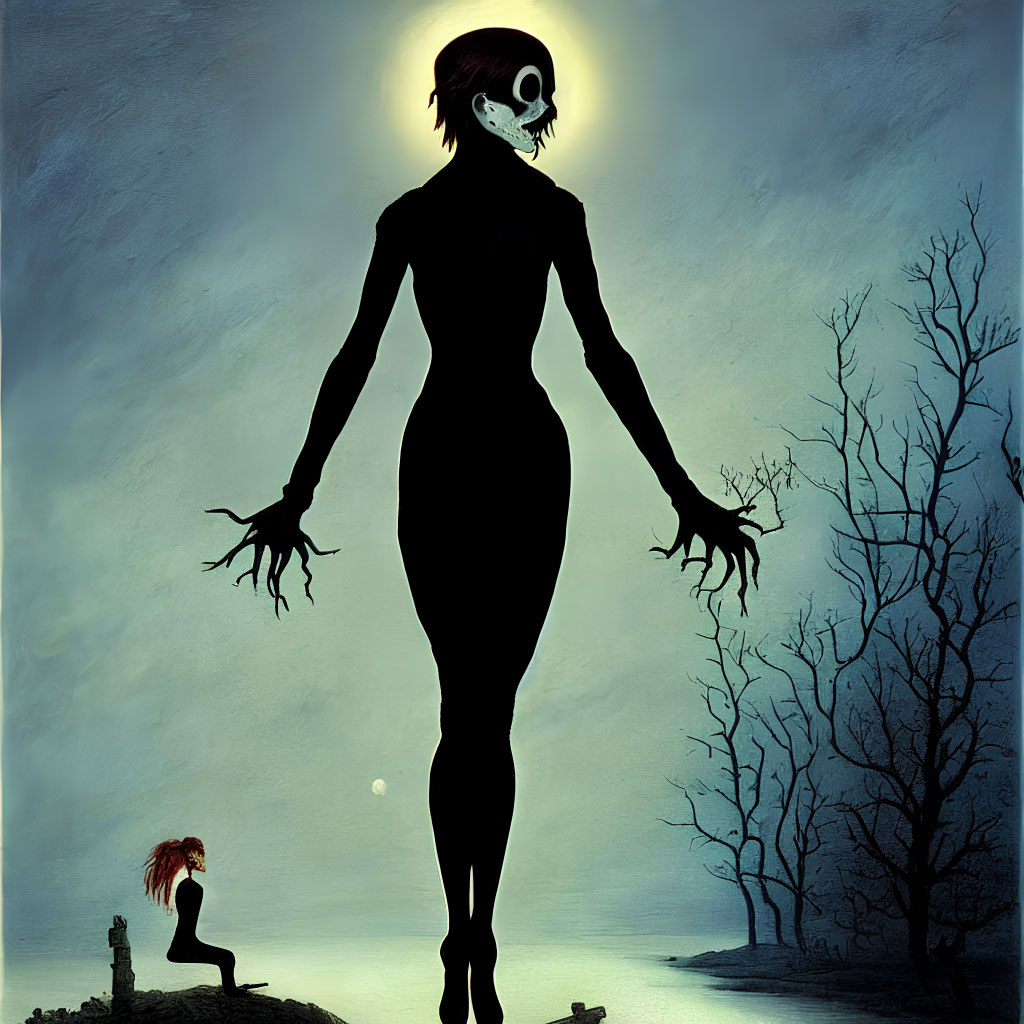 Skull-headed figure confronts red-haired person under moonlit sky