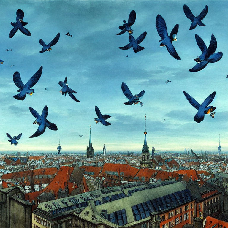 Pigeons flying over historic cityscape with red rooftops