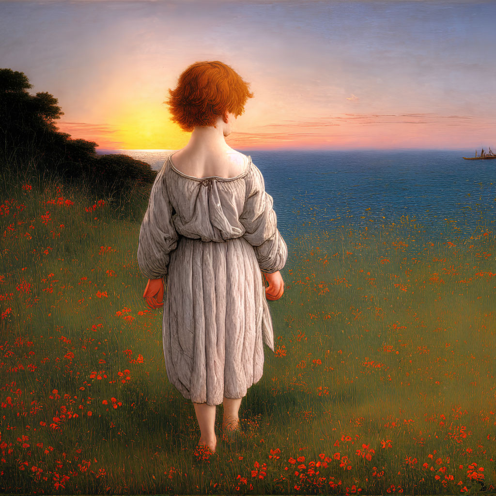 Young girl in white dress in poppy field at sunset with sailboat on horizon