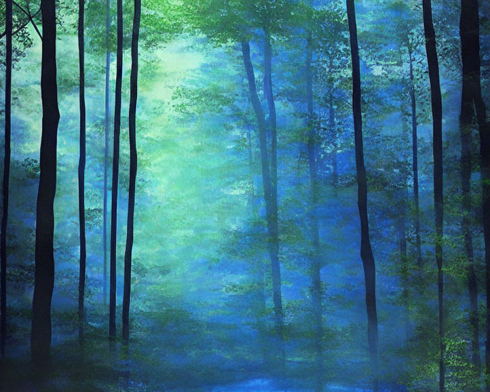 Enchanting image of mystical forest with tall trees and blue-green haze