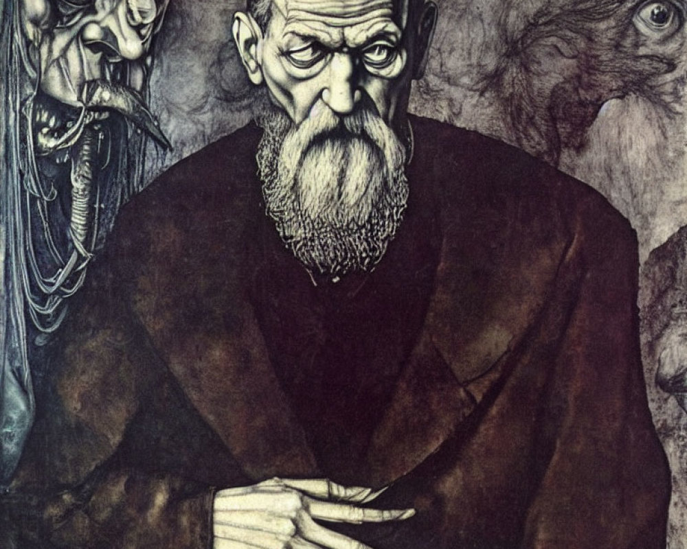 Portrait of a bearded man with haunting faces and figures in the background