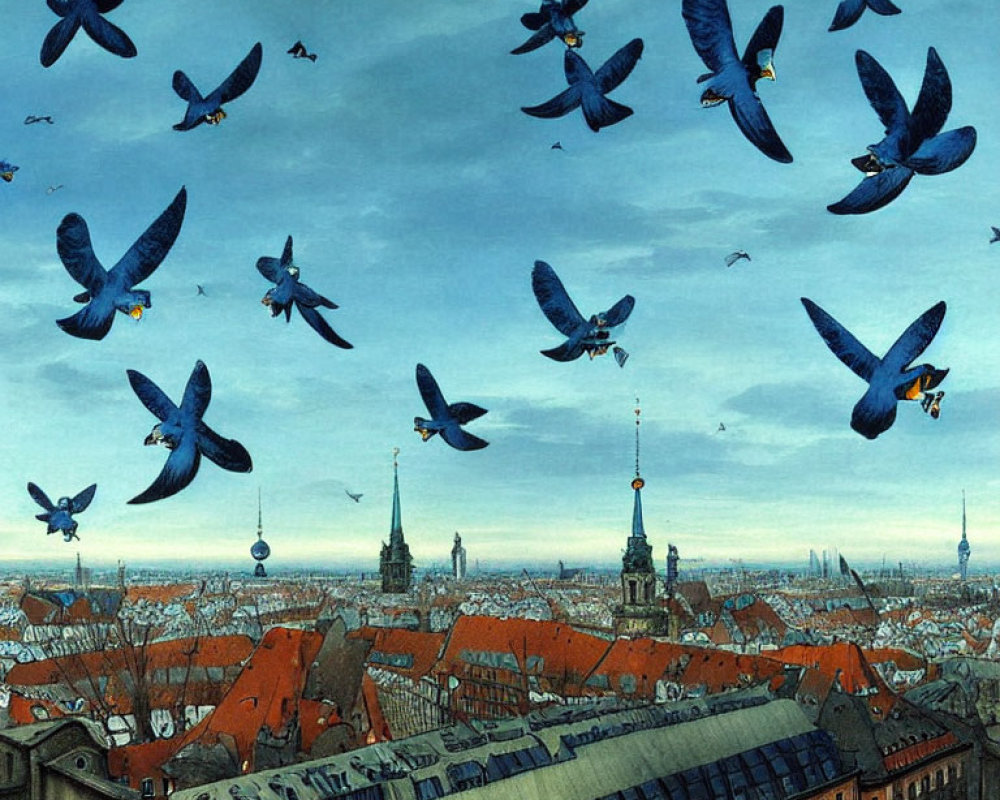 Pigeons flying over historic cityscape with red rooftops