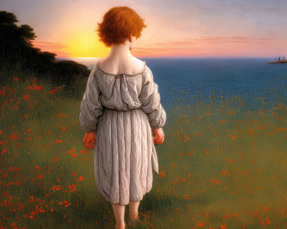 Young girl in white dress in poppy field at sunset with sailboat on horizon