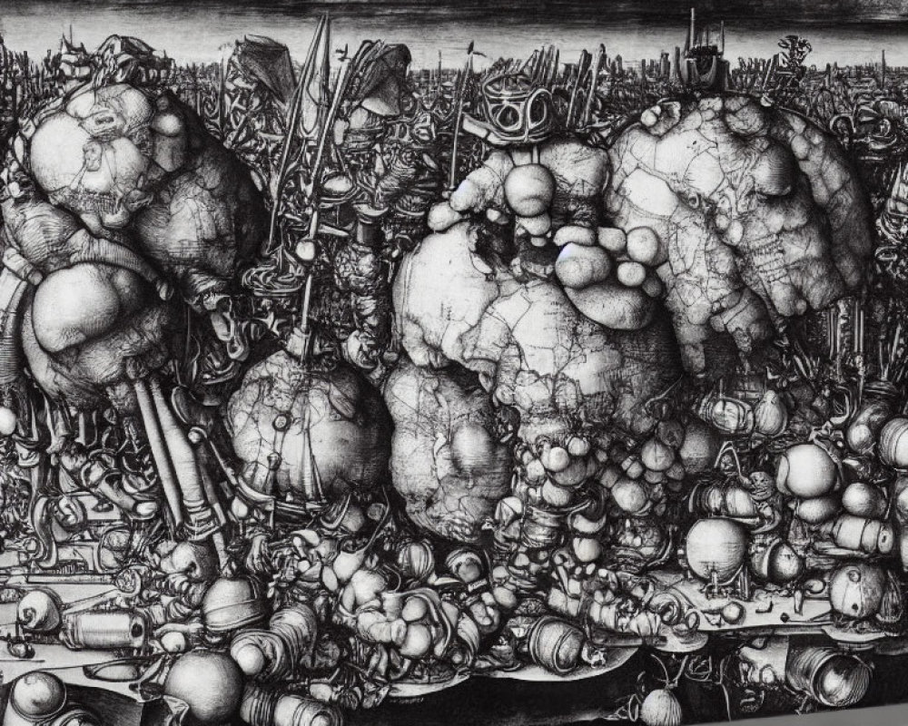 Detailed Monochrome Drawing of Organic and Mechanical Elements in Surreal Landscape