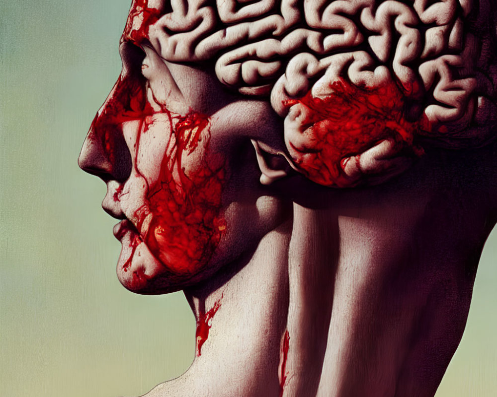 Detailed human head illustration with exposed brain and blood vessels on toned background