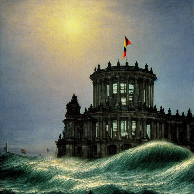 Neoclassical building with dome and flag on stormy ocean waves
