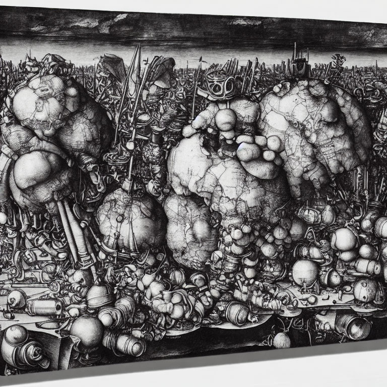 Detailed Monochrome Drawing of Organic and Mechanical Elements in Surreal Landscape