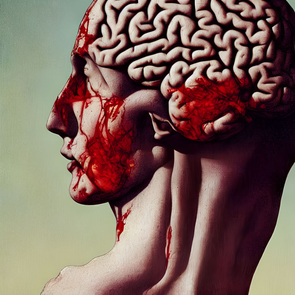 Detailed human head illustration with exposed brain and blood vessels on toned background