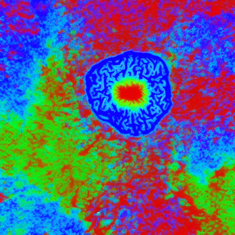 Colorful thermal-like image with blue circle and red center surrounded by green, yellow, and red s