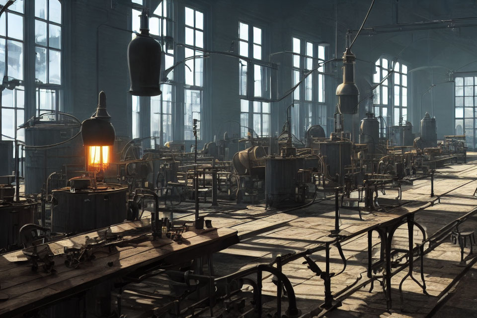 Industrial interior with tall windows and sunlight on metallic tanks and machinery.