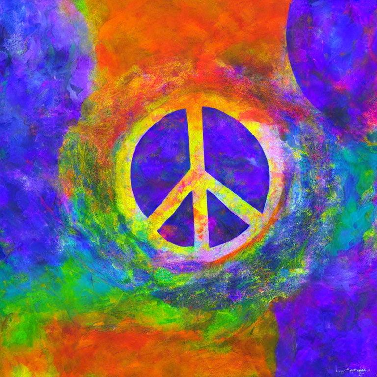 Abstract painting: vivid colors & white peace symbol in psychedelic 60s vibe