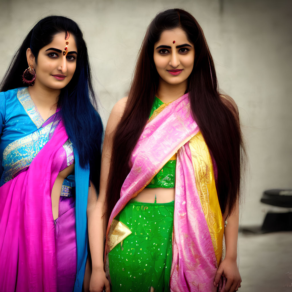 Traditional Indian Attire: Two Women with Long Hair and Bindis posing for a Photo