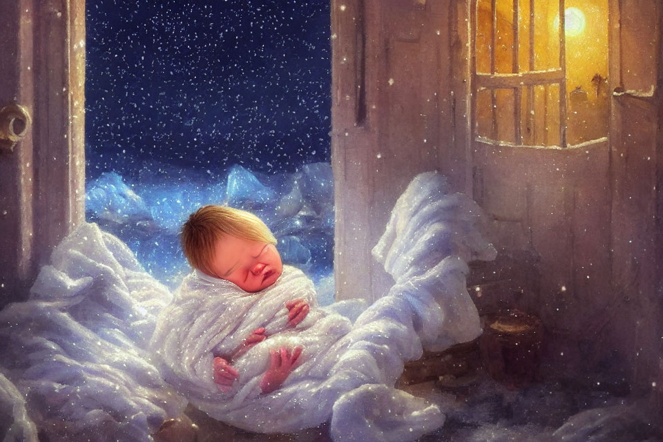 Infant in white blanket on snowy doorstep at night