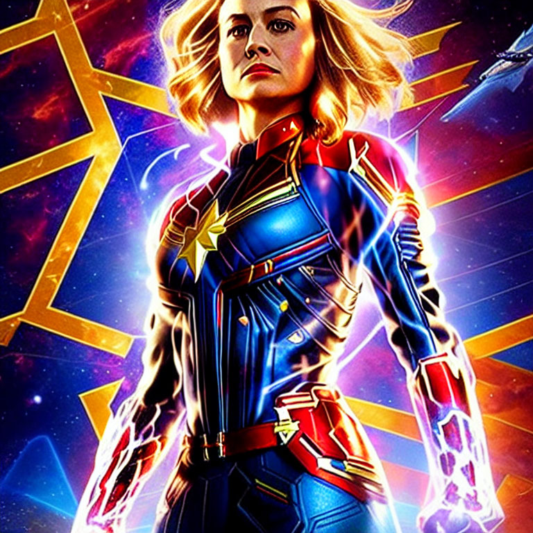 Female superhero illustration in blue and red suit with glowing energy effects and star emblem