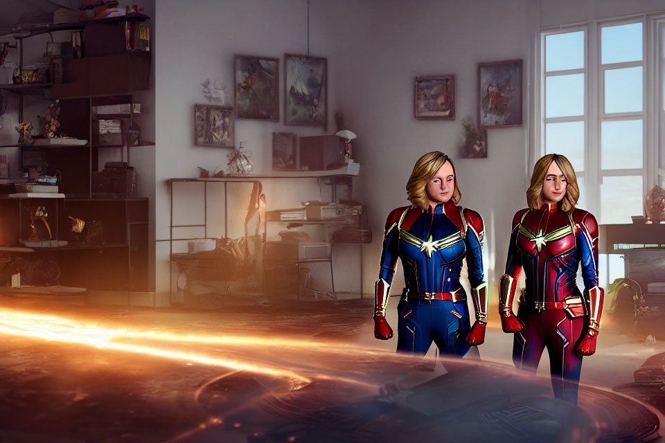 Two superhero figures in Captain Marvel-style costumes pose in a room with posters under warm light.