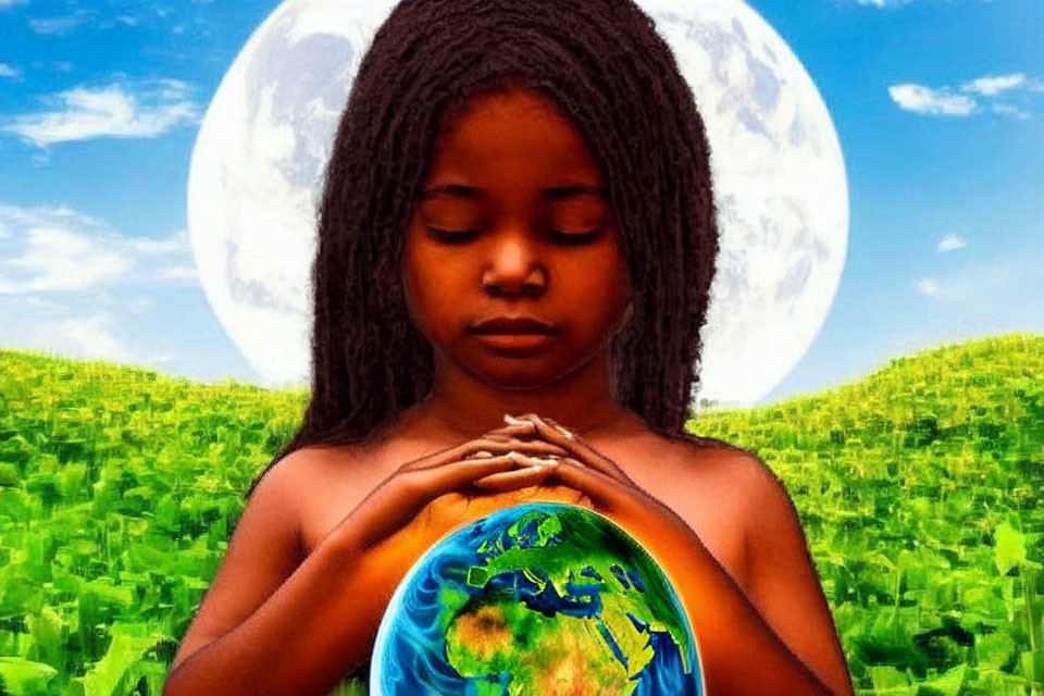 Young girl holding glowing Earth globe under full moon