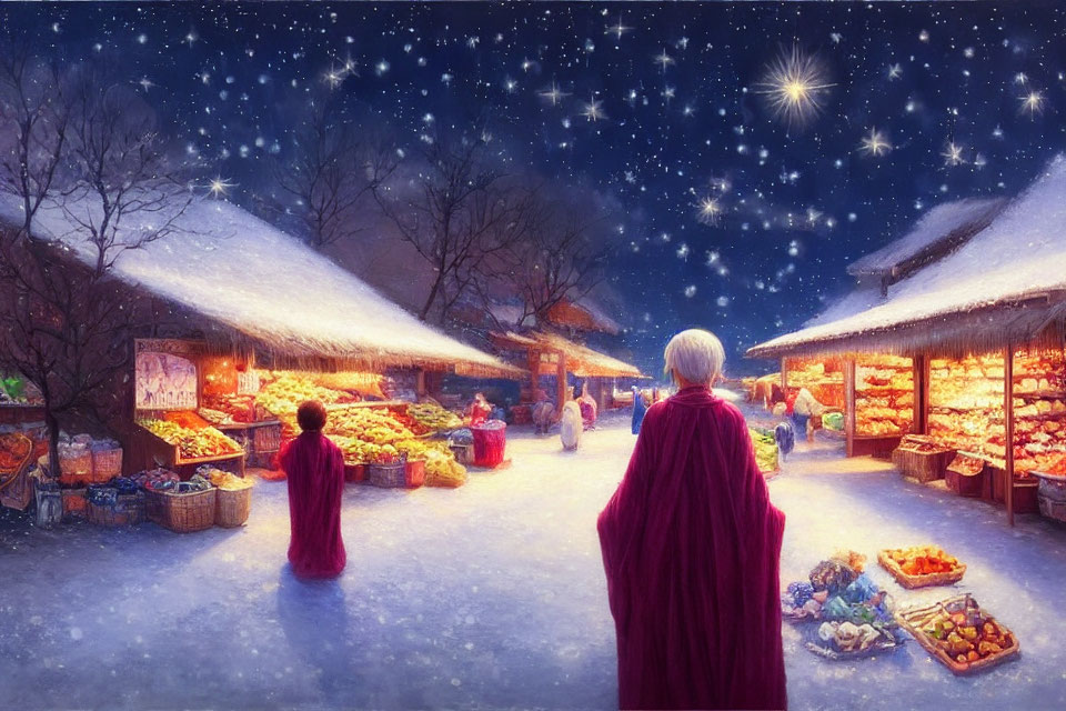 Snowfall illuminates evening market with stalls and people in warm robes under starry sky