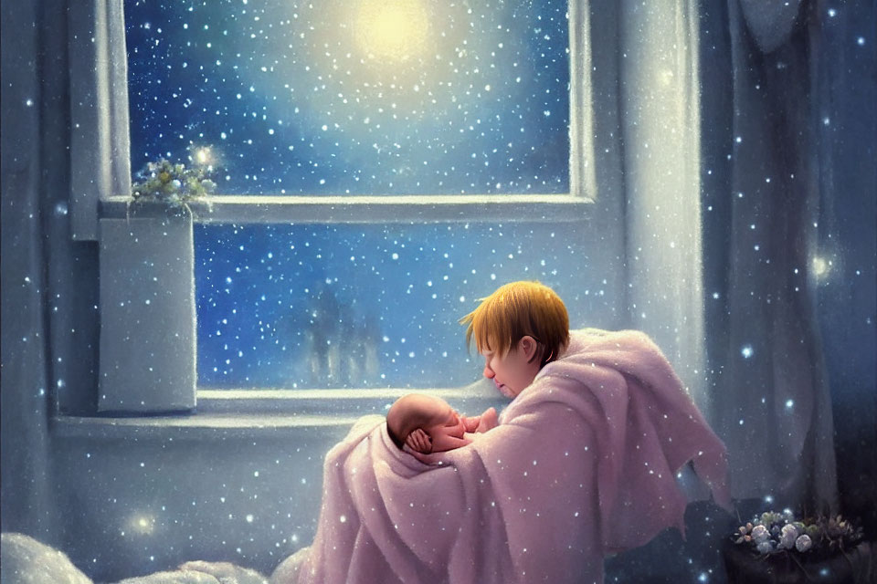 Child holding infant in pink blanket by frosty window with snowflakes.