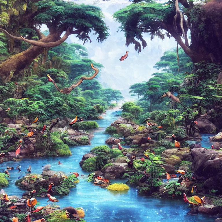 Lush forest scene with toucans, greenery, trees, and river