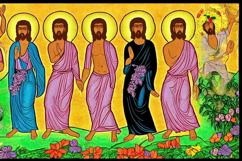 Vibrant illustration of six haloed figures in classical robes on grass with flowers