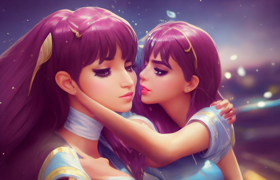 Purple-haired and blue-clad animated characters embrace under a starry sky