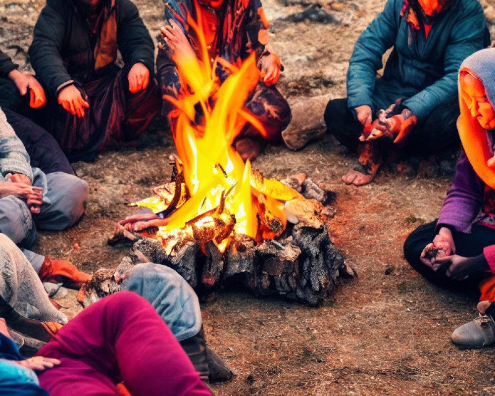 Group of People in Warm Clothing Around Campfire at Twilight