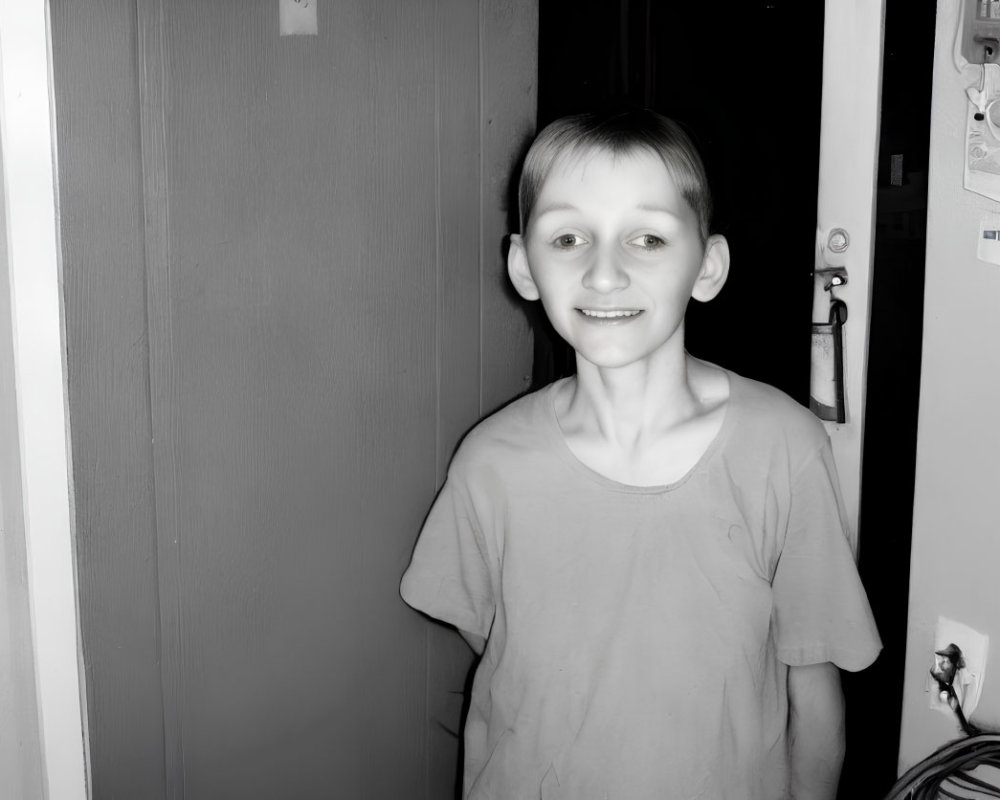 Young person in t-shirt smiles in doorway with bright light casting shadow.