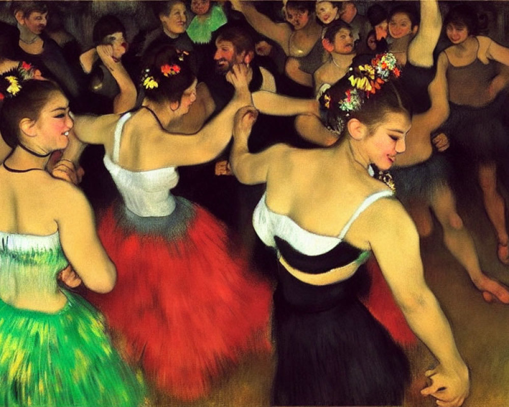 Vibrant painting of young dancers in colorful tutus with dim background audience