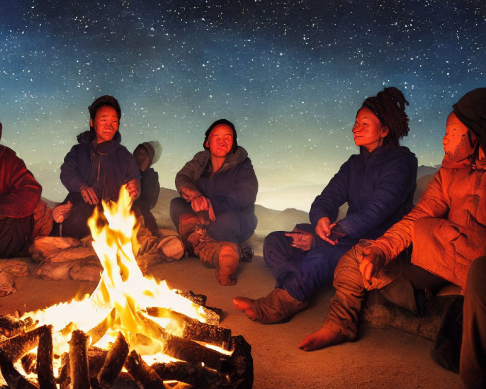 Group of People Sitting Around Campfire Under Starry Sky
