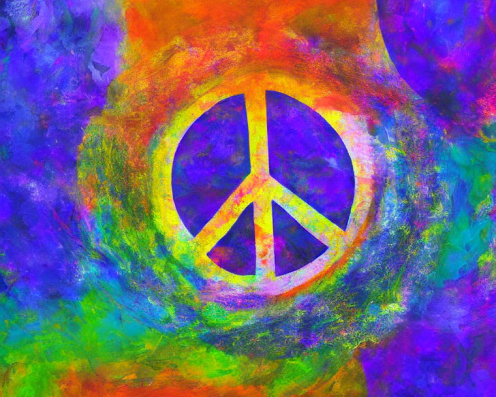 Abstract painting: vivid colors & white peace symbol in psychedelic 60s vibe