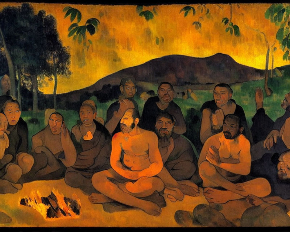 Diverse group by fire under trees in post-impressionist style