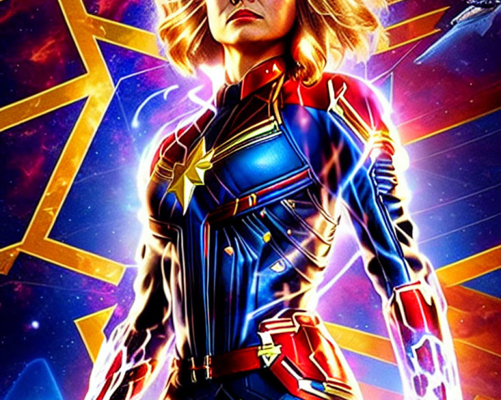 Female superhero illustration in blue and red suit with glowing energy effects and star emblem