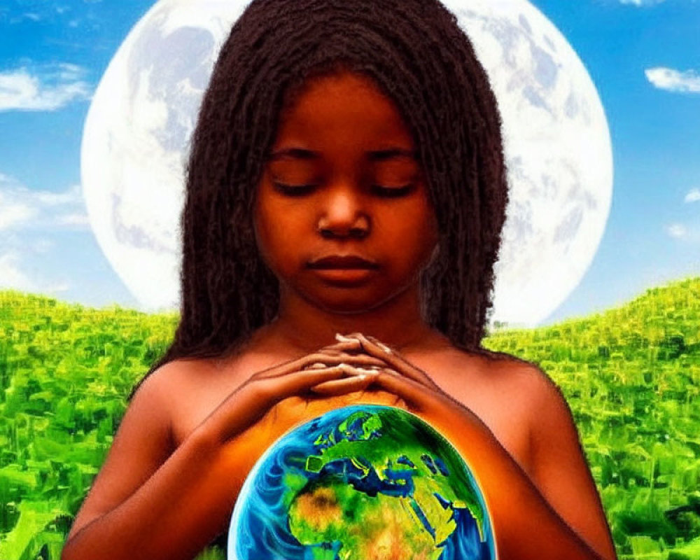 Young girl holding glowing Earth globe under full moon