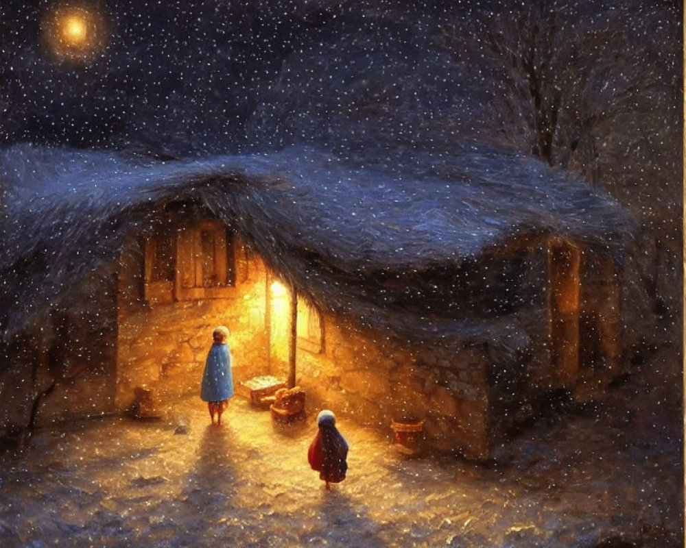 Winter scene: Children at cottage under starry sky in ornate frame