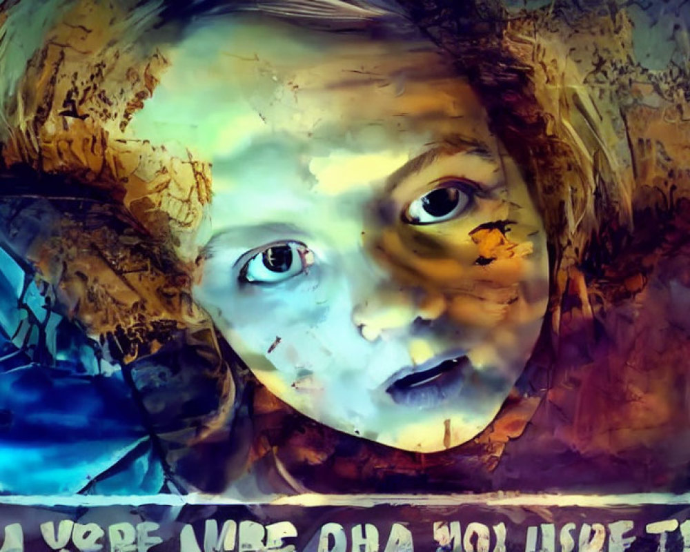 Abstract colorful digital portrait of a child with intense eyes and brushstroke effects