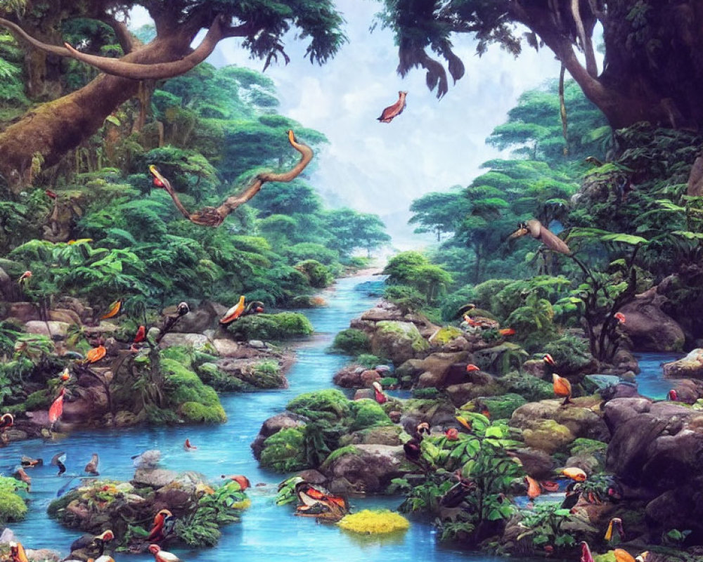 Lush forest scene with toucans, greenery, trees, and river