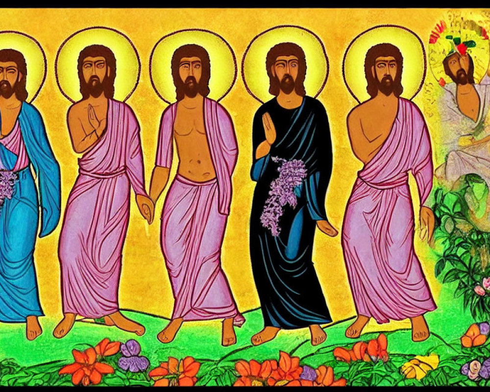 Vibrant illustration of six haloed figures in classical robes on grass with flowers