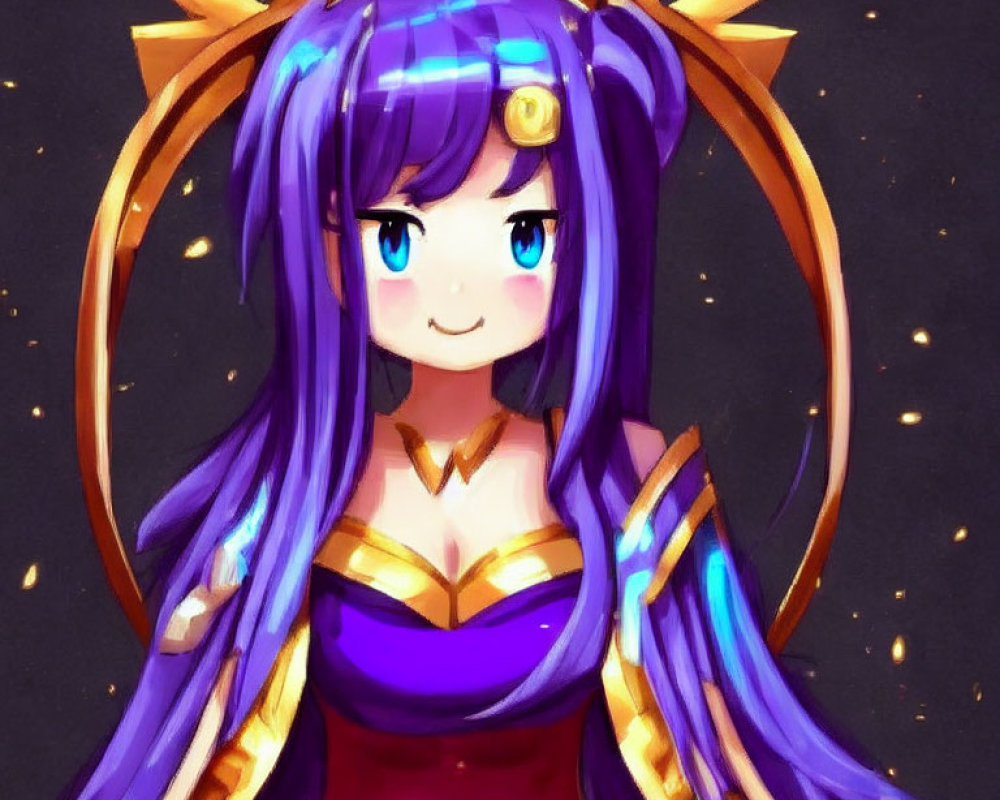 Colorful drawing of a smiling girl with purple hair and golden eyes in decorative attire against a dark background
