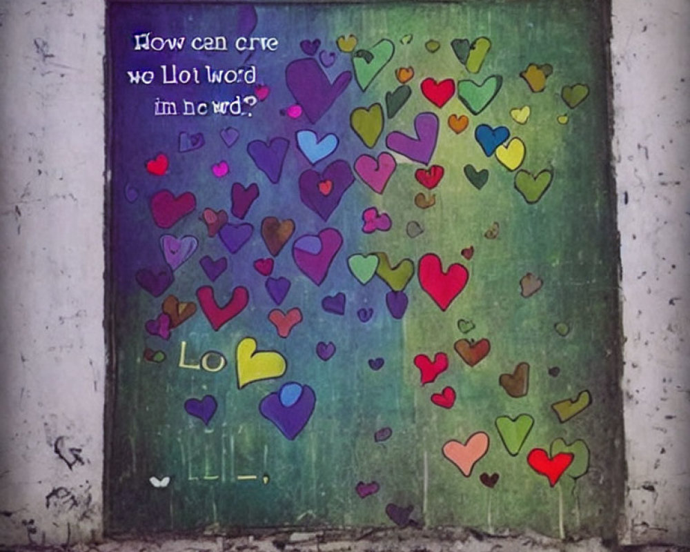 Vibrant graffiti of hearts and text on textured wall