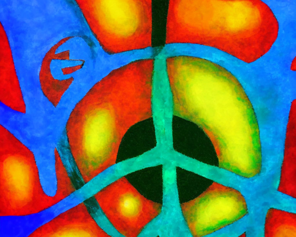 Vibrant abstract painting with red, yellow, blue colors and black peace symbol