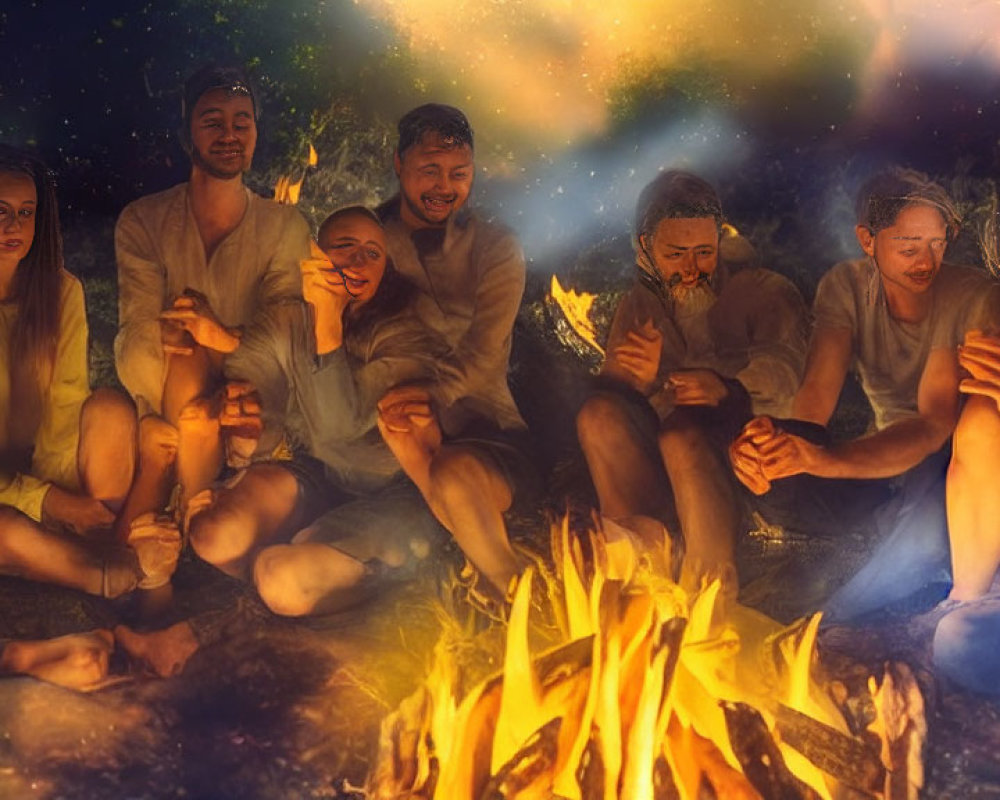 Friends smiling by campfire with warm lighting