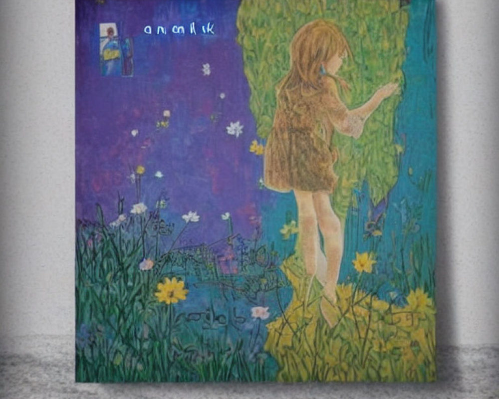 Girl in meadow with dandelions, alligator below, blurry figure in background
