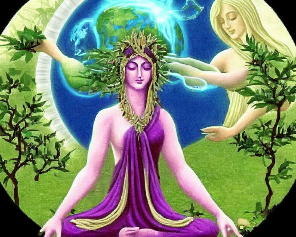 Meditative figure with leaf crown in nature scene with woman's hand, against circular Earth backdrop