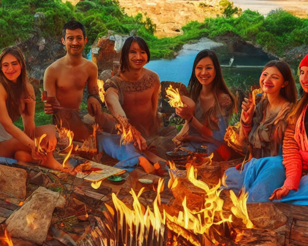 Group of People Enjoying Campfire in Natural Outdoor Setting
