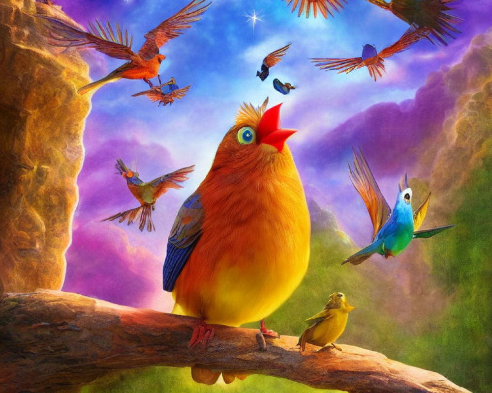 Colorful Birds Flying and Perched on Branch in Vibrant Sky